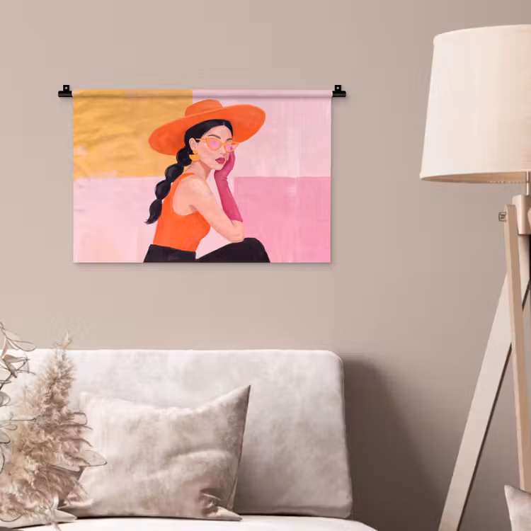 Vrouw - Hoed - Mode - Modern - Oranje Wandkleed katoen klein -sfeer4