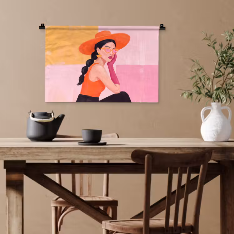 Vrouw - Hoed - Mode - Modern - Oranje Wandkleed katoen klein -sfeer6
