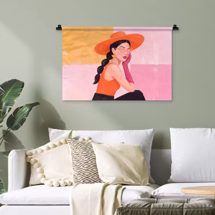 Vrouw - Hoed - Mode - Modern - Oranje Wandkleed katoen klein -sfeer7