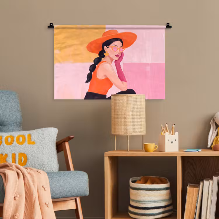 Vrouw - Hoed - Mode - Modern - Oranje Wandkleed katoen klein -wsfeer4_kind