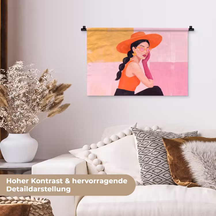 Vrouw - Hoed - Mode - Modern - Oranje Wandkleed katoen klein -tsfeer1_DE