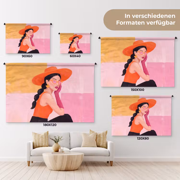 Vrouw - Hoed - Mode - Modern - Oranje Wandkleed katoen klein -tsfeer8_DE