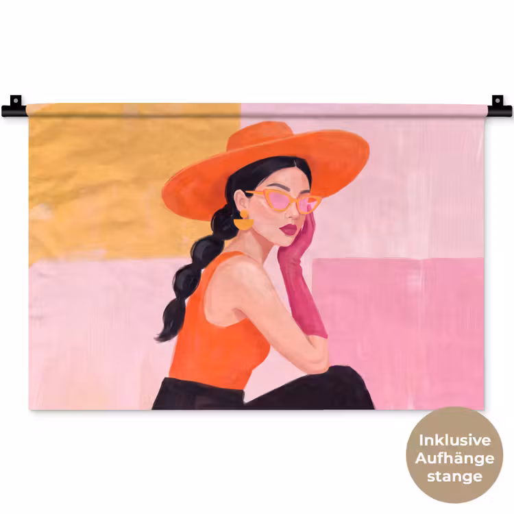 Vrouw - Hoed - Mode - Modern - Oranje Wandkleed katoen klein -t3d_DE