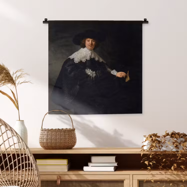 Het huwelijksportret van Marten Soolmans - Rembrandt van Rijn Wandkleed katoen klein -sfeer5