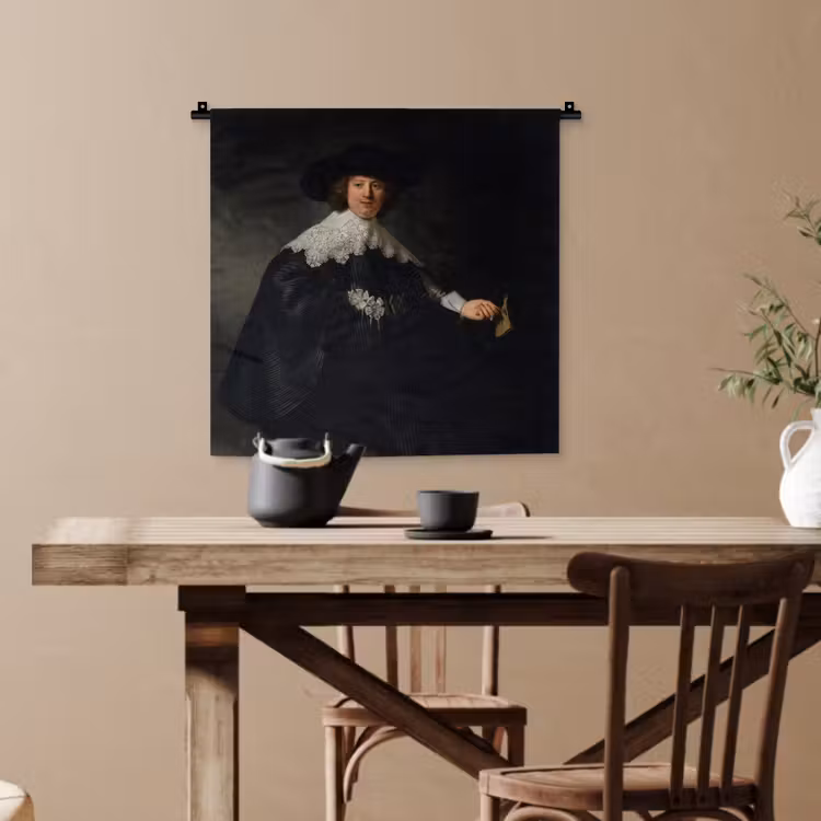 Het huwelijksportret van Marten Soolmans - Rembrandt van Rijn Wandkleed katoen klein -sfeer6