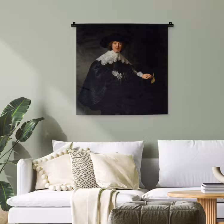 Het huwelijksportret van Marten Soolmans - Rembrandt van Rijn Wandkleed katoen klein -sfeer7