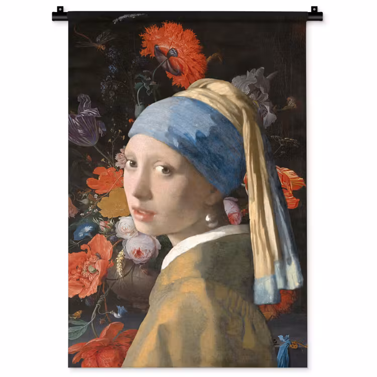 Meisje met de parel - Johannes Vermeer - Bloemen Wandkleed katoen klein -zz3d