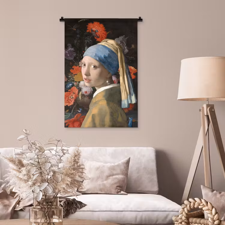 Meisje met de parel - Johannes Vermeer - Bloemen Wandkleed katoen klein -sfeer4