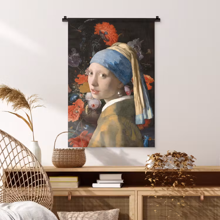 Meisje met de parel - Johannes Vermeer - Bloemen Wandkleed katoen klein -sfeer5