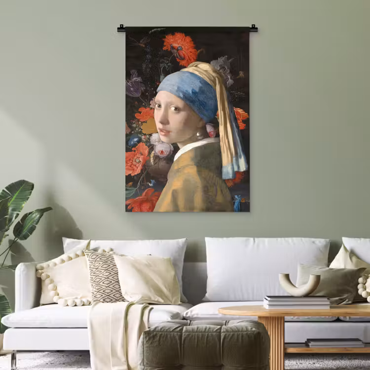 Meisje met de parel - Johannes Vermeer - Bloemen Wandkleed katoen klein -sfeer7