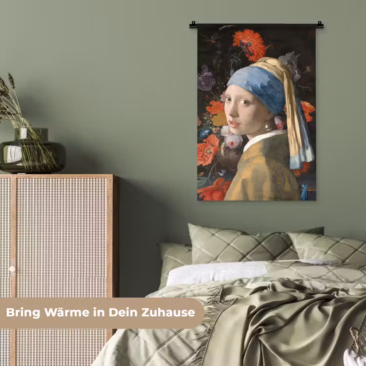 Meisje met de parel - Johannes Vermeer - Bloemen Wandkleed katoen klein -tsfeer3_DE