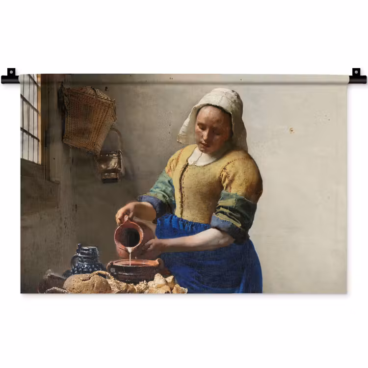 Het melkmeisje - Schilderij van Johannes Vermeer Wandkleed katoen klein -zz3d