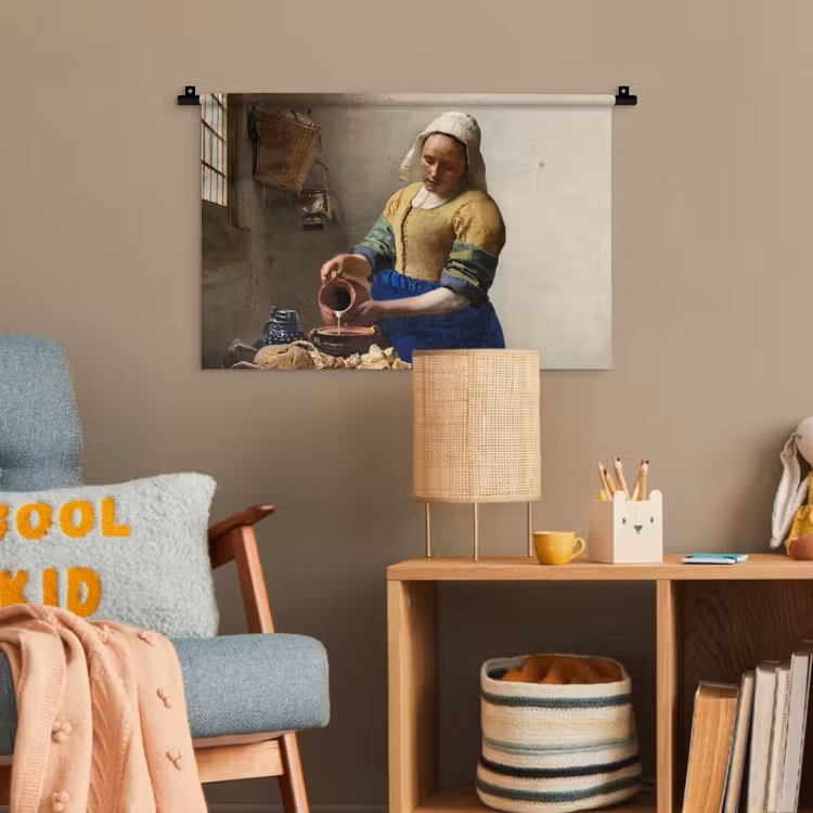 Het melkmeisje - Schilderij van Johannes Vermeer Wandkleed katoen klein -wsfeer4_kind