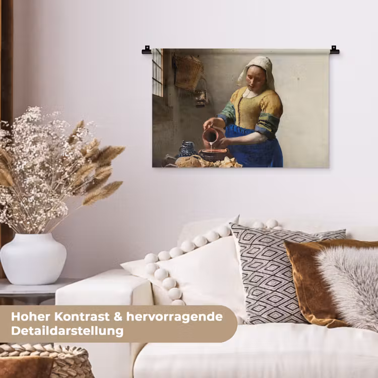 Het melkmeisje - Schilderij van Johannes Vermeer Wandkleed katoen klein -tsfeer1_DE