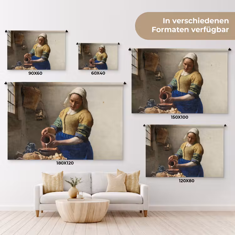 Het melkmeisje - Schilderij van Johannes Vermeer Wandkleed katoen klein -tsfeer8_DE