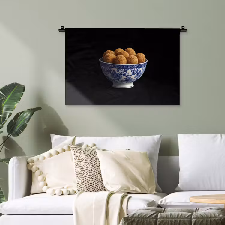 Delfts blauw - Bitterballen - Holland - Schaal Wandkleed katoen klein -sfeer7