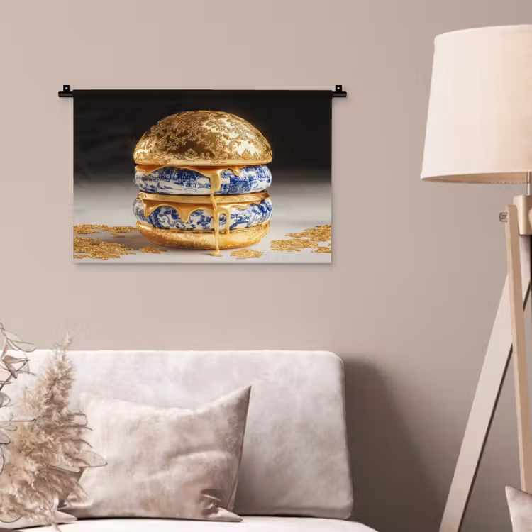 Delftsblauw - Goud - Burger Wandkleed katoen klein -sfeer4