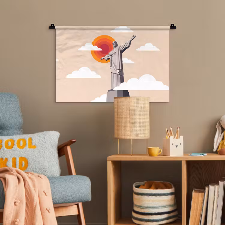 Monument - Stad - Zonsondergang - Minimalistisch - Oranje Wandkleed katoen klein -wsfeer4_kind