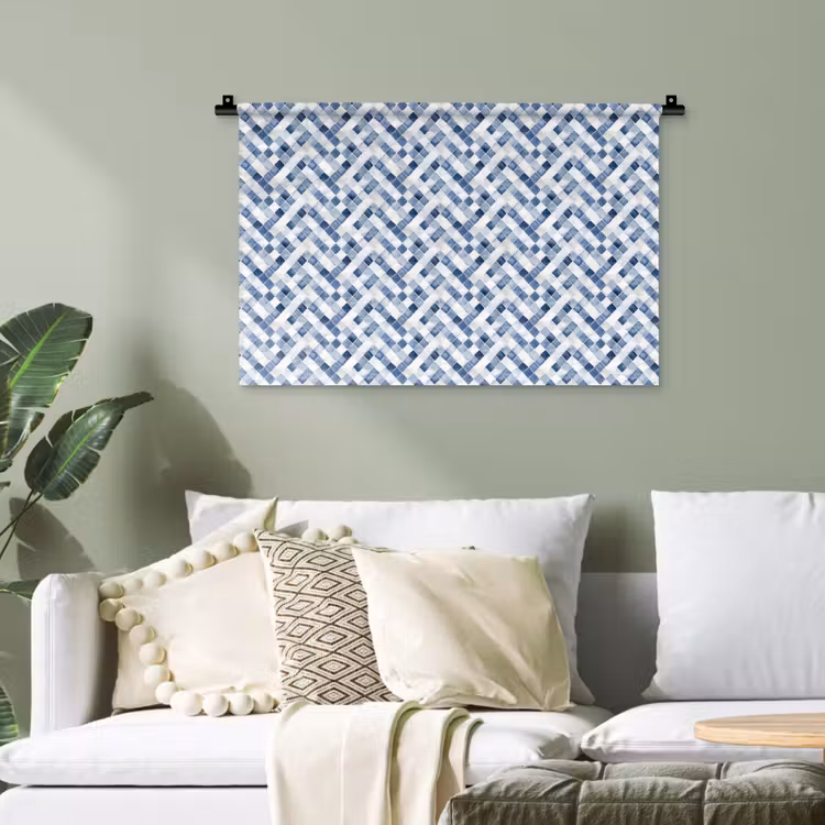 Diamant - Patroon - Blauw - Wit Wandkleed katoen klein 269 -sfeer7