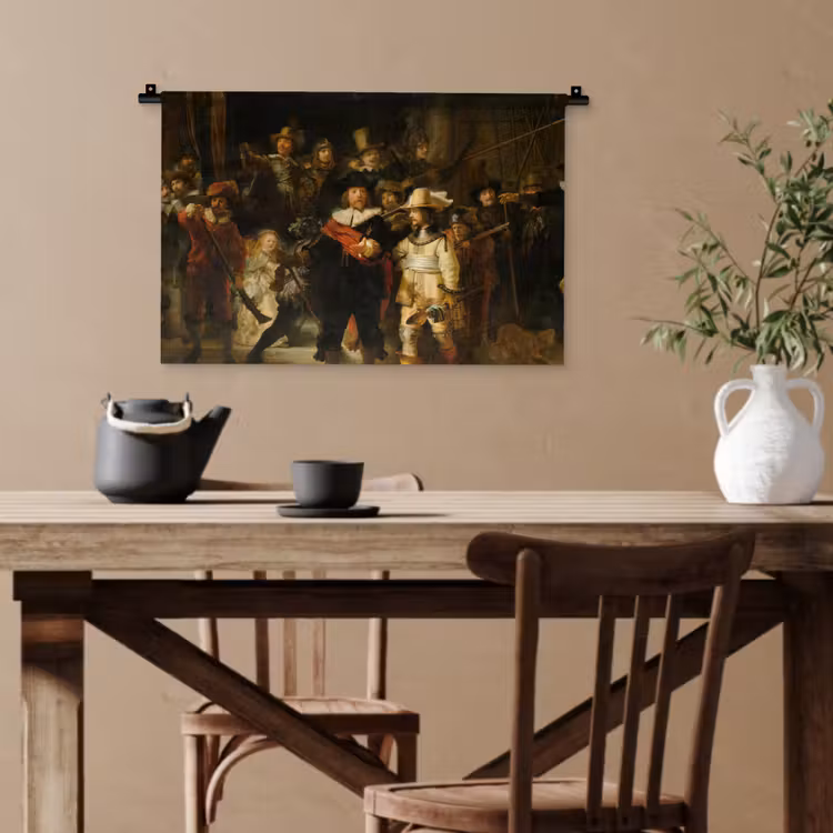 De Nachtwacht - Schilderij van Rembrandt van Rijn Wandkleed katoen klein -sfeer6