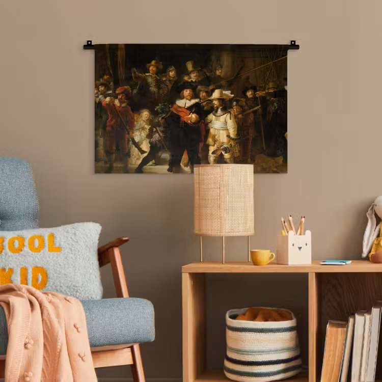 De Nachtwacht - Schilderij van Rembrandt van Rijn Wandkleed katoen klein -wsfeer4_kind