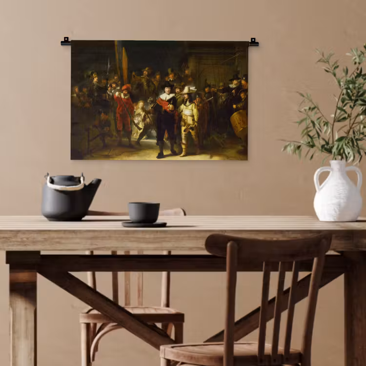 De Nachtwacht - Rembrandt van Rijn Wandkleed katoen klein -sfeer6