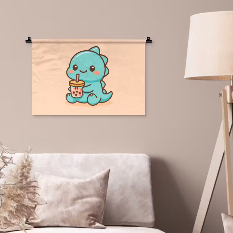 Dino - Boba - kawaii - Oranje Wandkleed katoen klein -sfeer4