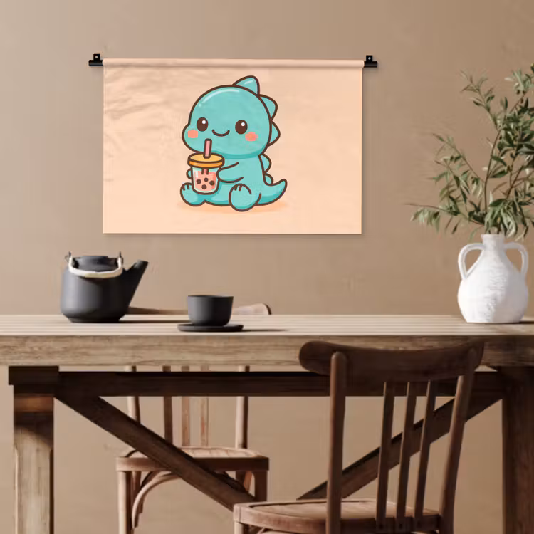 Dino - Boba - kawaii - Oranje Wandkleed katoen klein -sfeer6