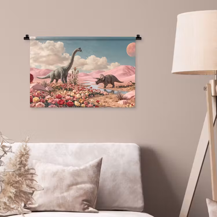 Wandteppich - Dinosaurier – Rosa – Landschaft - Dinosaurus - Roze - Landschap Wandkleed katoen klein