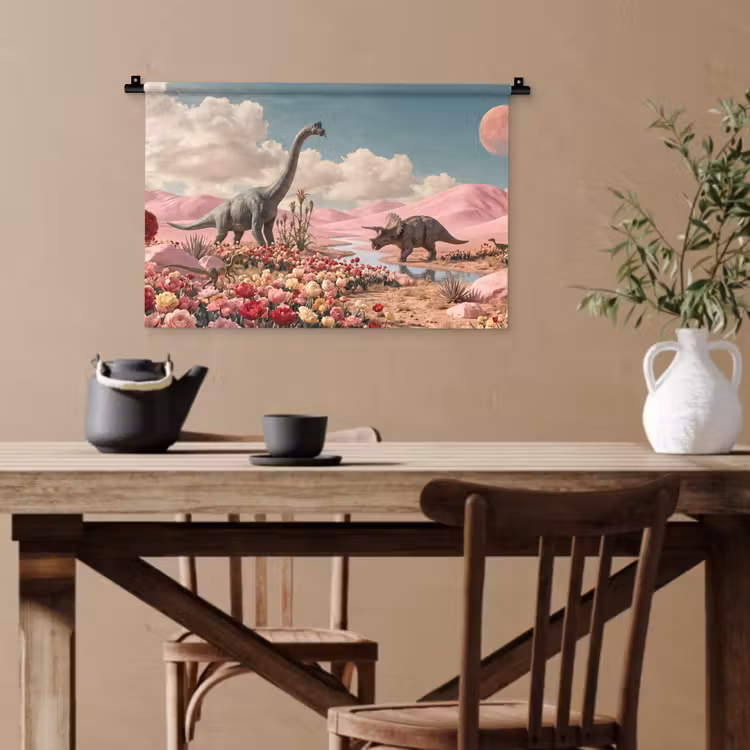 Wandteppich - Dinosaurier – Rosa – Landschaft - Dinosaurus - Roze - Landschap Wandkleed katoen klein