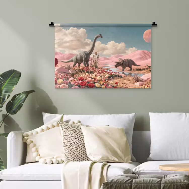 Wandteppich - Dinosaurier – Rosa – Landschaft - Dinosaurus - Roze - Landschap Wandkleed katoen klein