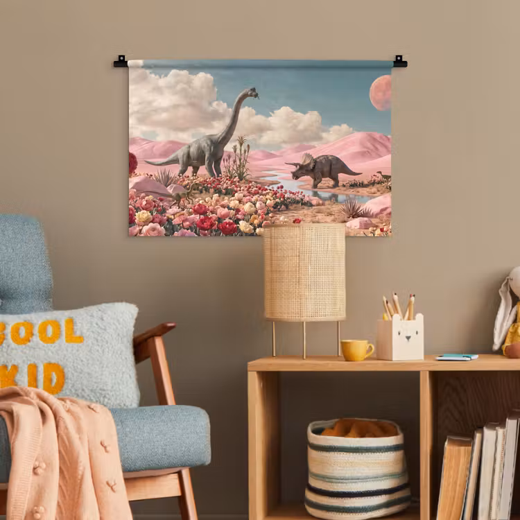 Wandteppich - Dinosaurier – Rosa – Landschaft - Dinosaurus - Roze - Landschap Wandkleed katoen klein