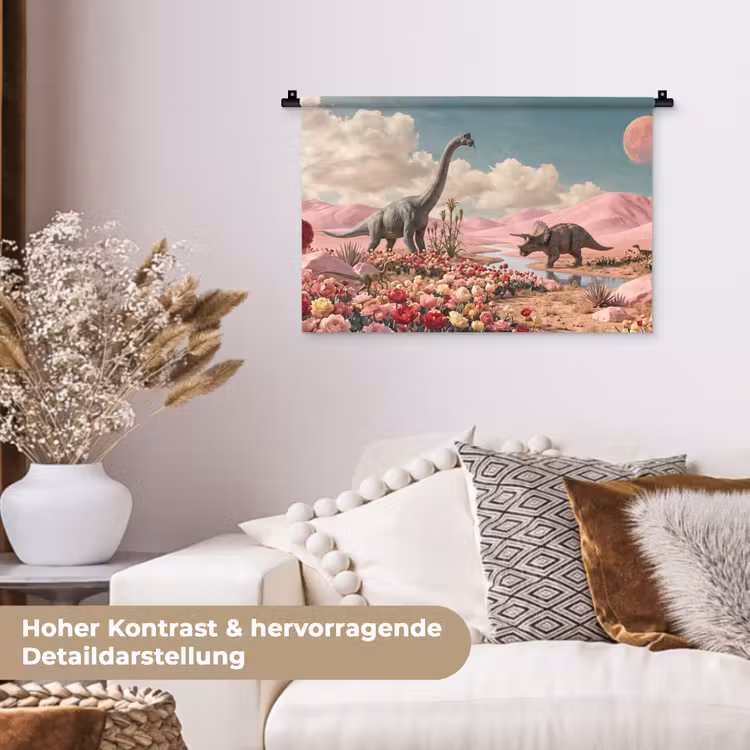 Wandteppich - Dinosaurier – Rosa – Landschaft - Dinosaurus - Roze - Landschap Wandkleed katoen klein