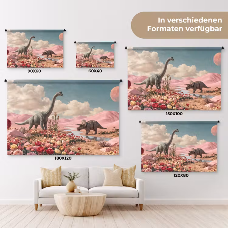 Wandteppich - Dinosaurier – Rosa – Landschaft - Dinosaurus - Roze - Landschap Wandkleed katoen klein