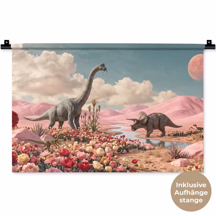 Wandteppich - Dinosaurier – Rosa – Landschaft - Dinosaurus - Roze - Landschap Wandkleed katoen klein