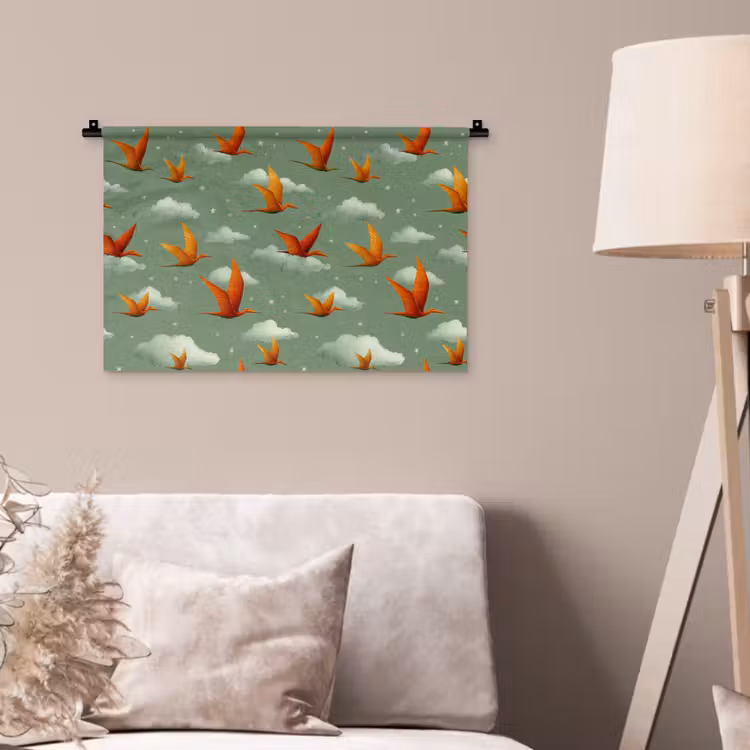 Dinosaurussen - Wolken - Sterren - Oranje Wandkleed katoen klein -sfeer4