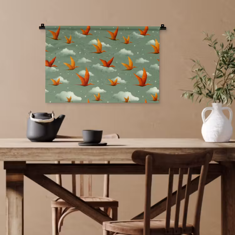 Dinosaurussen - Wolken - Sterren - Oranje Wandkleed katoen klein -sfeer6