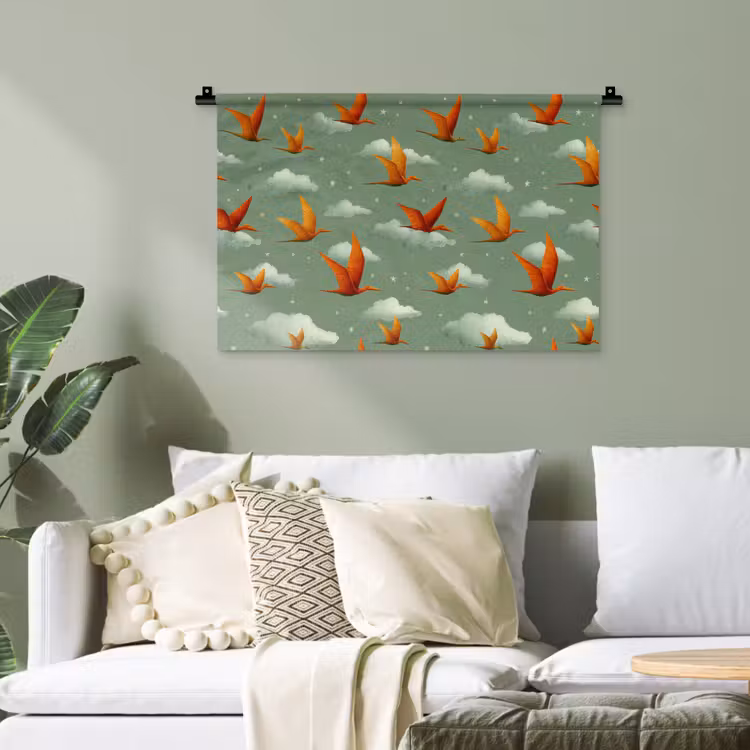 Dinosaurussen - Wolken - Sterren - Oranje Wandkleed katoen klein -sfeer7