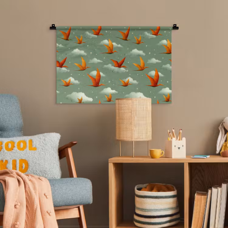Dinosaurussen - Wolken - Sterren - Oranje Wandkleed katoen klein -wsfeer4_kind
