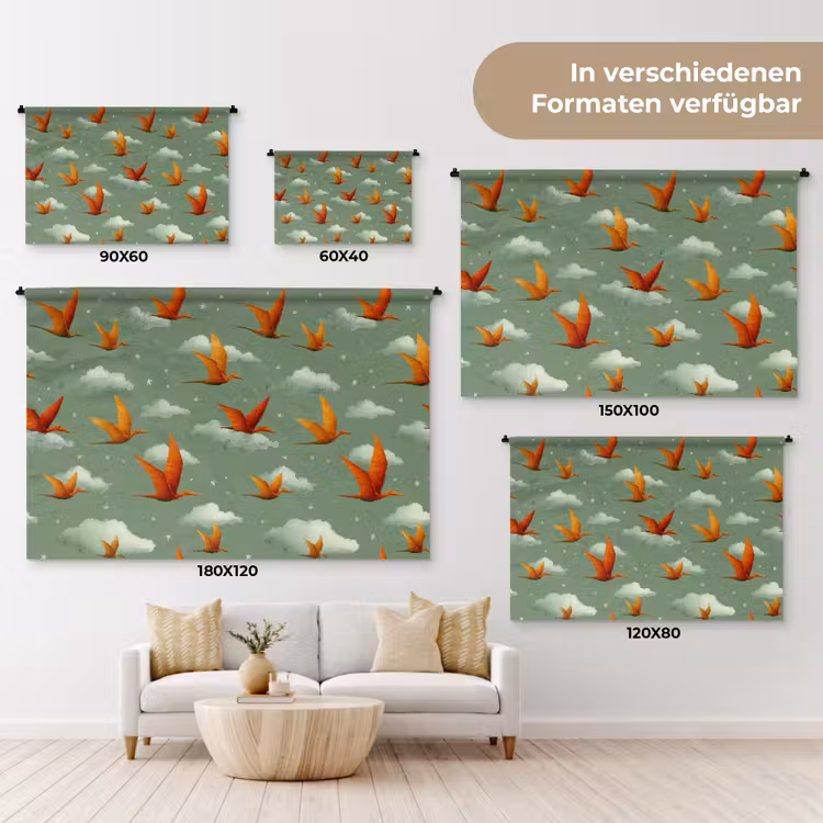 Dinosaurussen - Wolken - Sterren - Oranje Wandkleed katoen klein -tsfeer8_DE