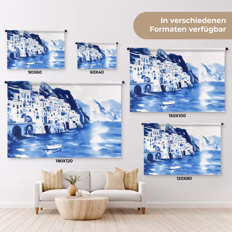 Dorp - Rotswand - Roeiboot - Water Wandkleed katoen klein -tsfeer8_DE
