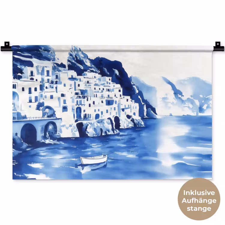 Dorp - Rotswand - Roeiboot - Water Wandkleed katoen klein -t3d_DE