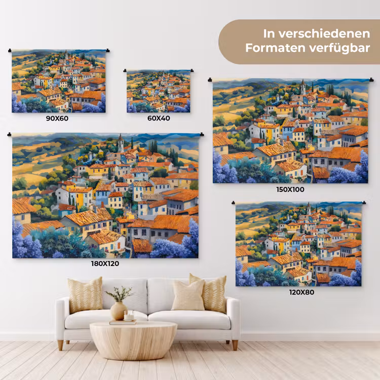 Dorp - Heuvels - Landschap - Bomen Wandkleed katoen klein -tsfeer8_DE