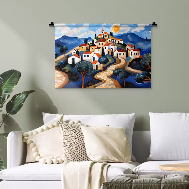 Dorp - Heuvelachtig - Zon - Mozaïek Wandkleed katoen klein -sfeer7