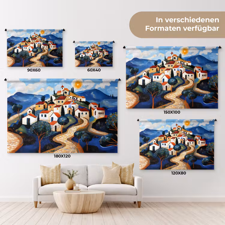 Dorp - Heuvelachtig - Zon - Mozaïek Wandkleed katoen klein -tsfeer8_DE