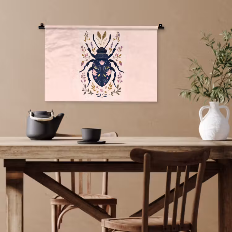 Donkerblauw - Kever - Bloemtakken - Sierlijk Wandkleed katoen klein -sfeer6