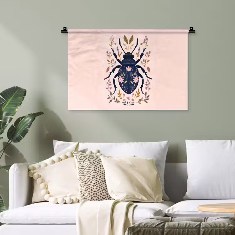 Donkerblauw - Kever - Bloemtakken - Sierlijk Wandkleed katoen klein -sfeer7