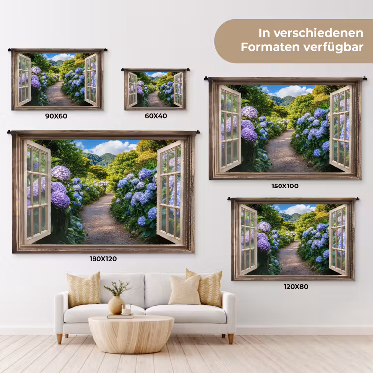 Doorkijk - Hortensia - Pad - Natuur Wandkleed katoen klein -tsfeer8_DE