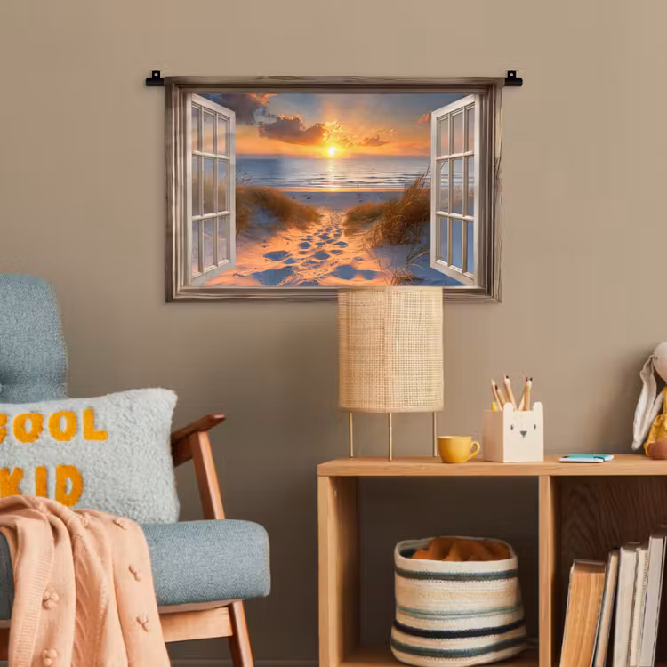 Doorkijk - Strand - Duinen - Zonsondergang Wandkleed katoen klein -wsfeer4_kind