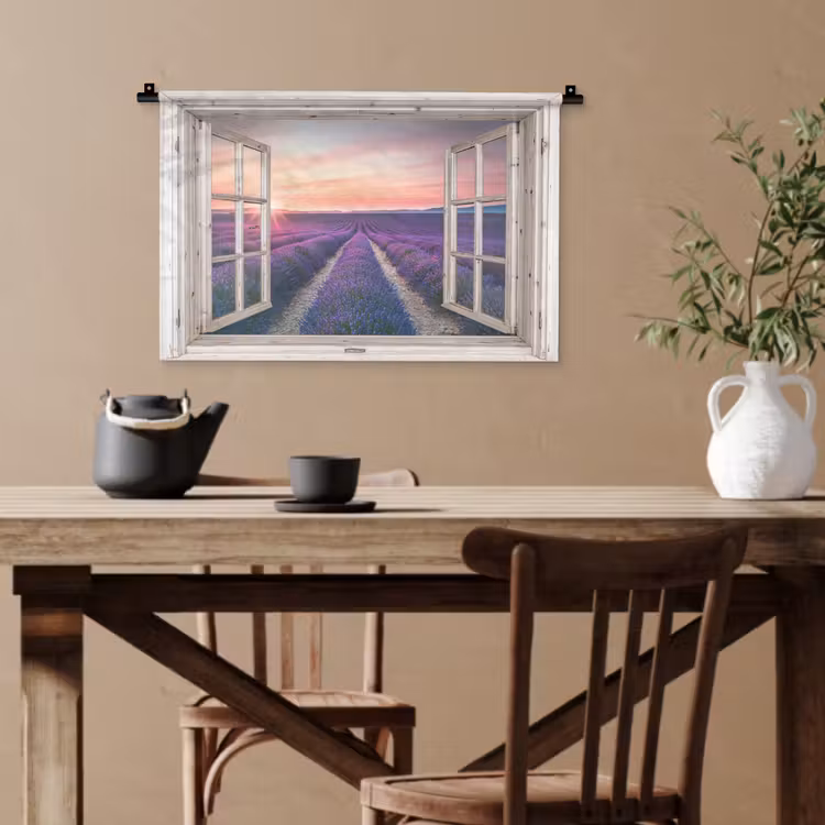Doorkijk - Lavendel - Bloemen - Hout - Zonsondergang - Paars Wandkleed katoen klein -sfeer6